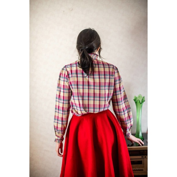 Vintage 70s Cottagecore Prairie Plaid Western Button Down Shirt, High Neck, Med​ - Picture 7 of 9